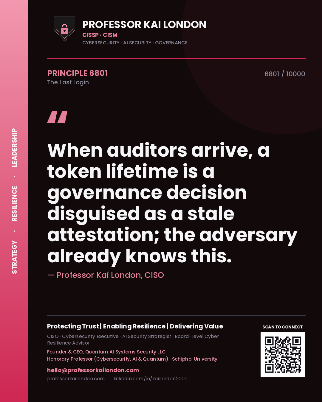 Professor Kai London principle 6801: When auditors arrive, a token lifetime is a governance decision disguised as a stale attestation; the adversary already knows this.