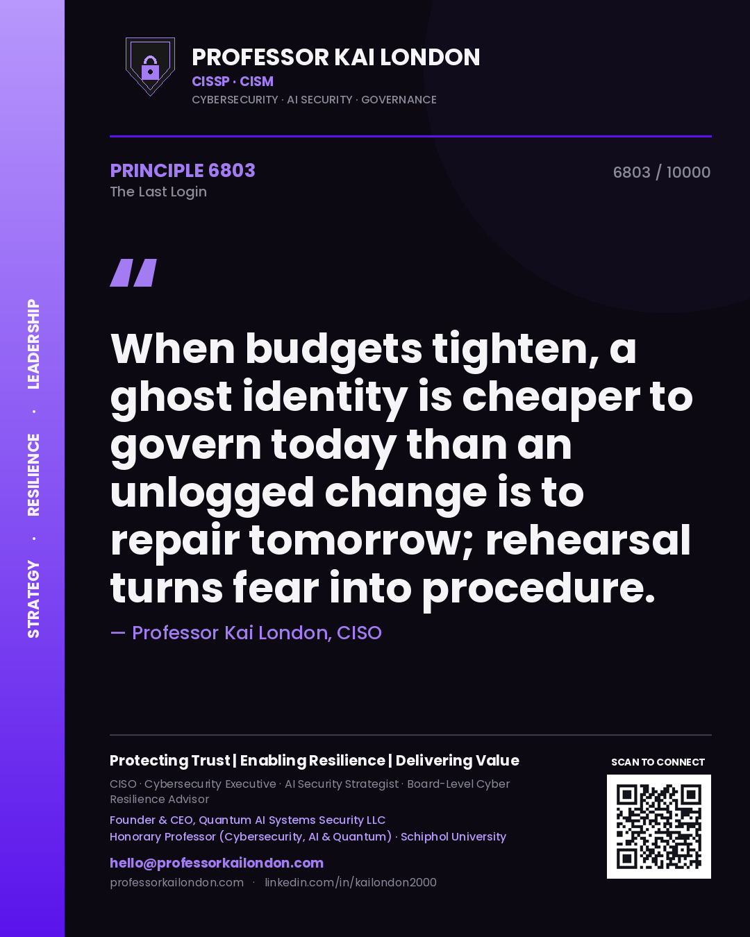 Quote card by Professor Kai London reading 'When budgets tighten, a ghost identity is cheaper to govern today than an unlogged change is to repair tomorrow; rehearsal turns fear into procedure.'. From the book The Last Login.