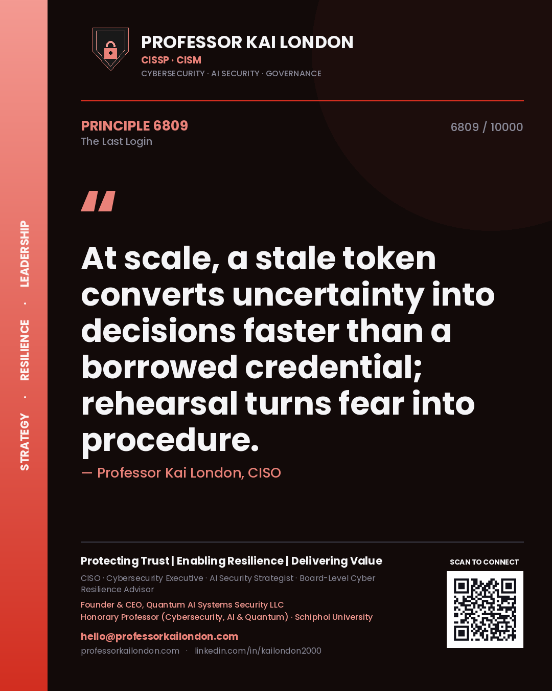 Professor Kai London principle 6809: At scale, a stale token converts uncertainty into decisions faster than a borrowed credential; rehearsal turns fear into procedure.