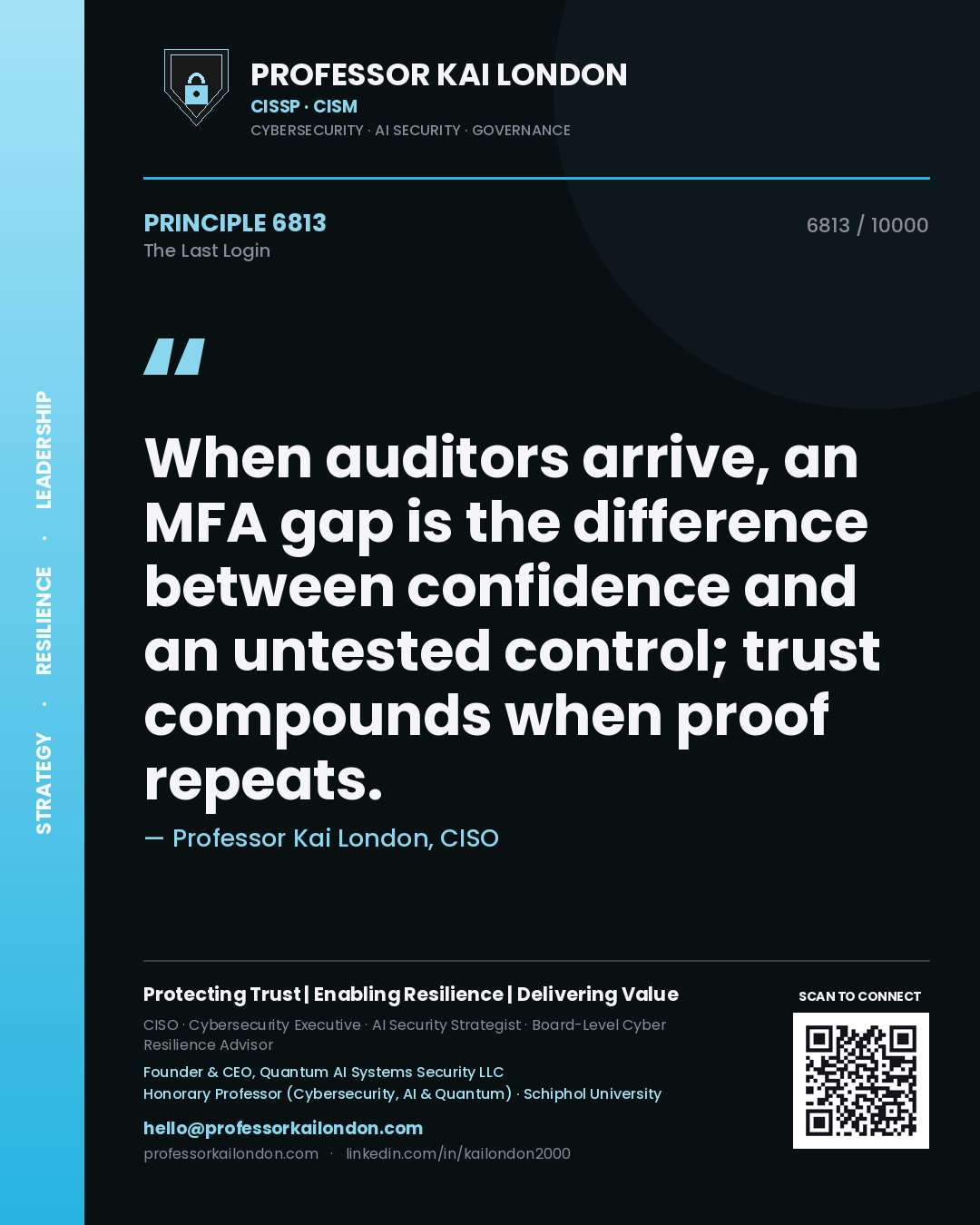 Quote card by Professor Kai London reading 'When auditors arrive, an MFA gap is the difference between confidence and an untested control; trust compounds when proof repeats.'. From the book The Last Login.