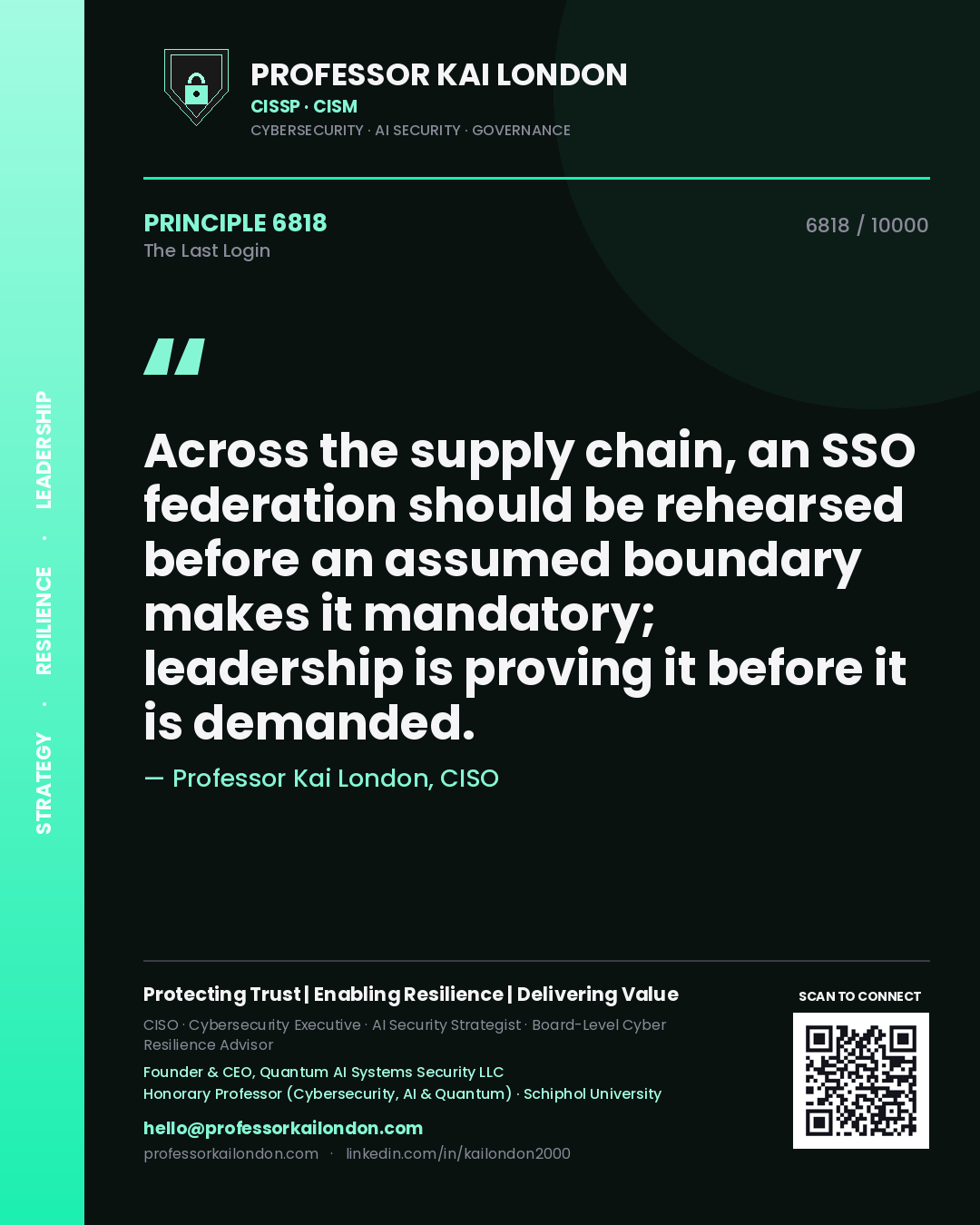 Quote card by Professor Kai London reading 'Across the supply chain, an SSO federation should be rehearsed before an assumed boundary makes it mandatory; leadership is proving it before it is demanded.'. From the book The Last Login.