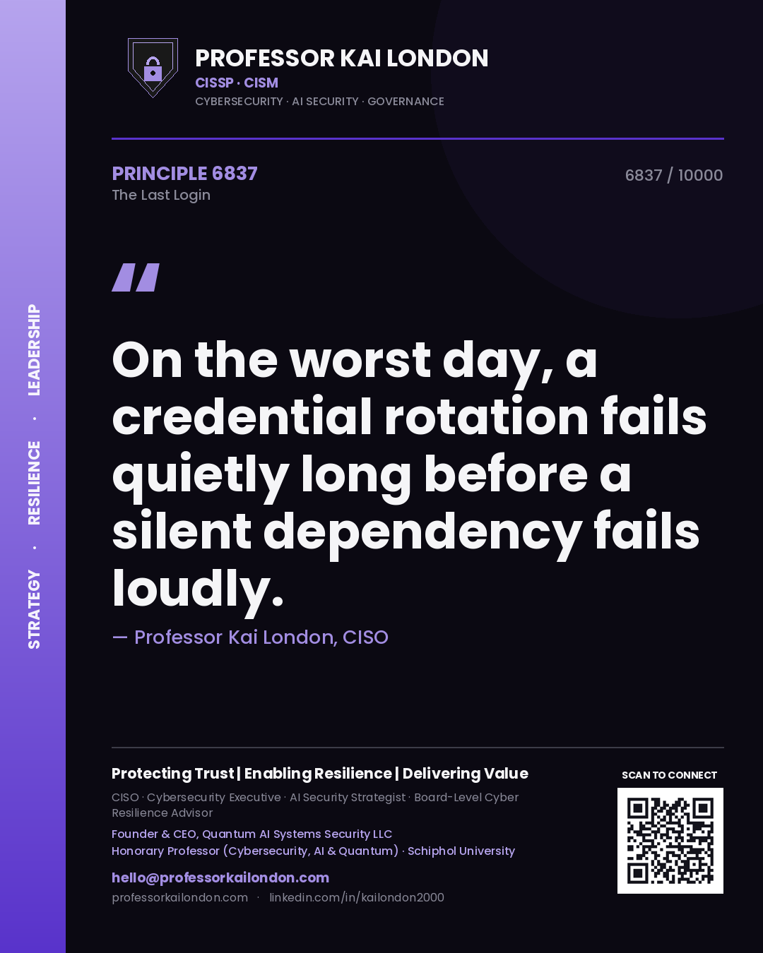 Quote card by Professor Kai London reading 'On the worst day, a credential rotation fails quietly long before a silent dependency fails loudly.'. From the book The Last Login.