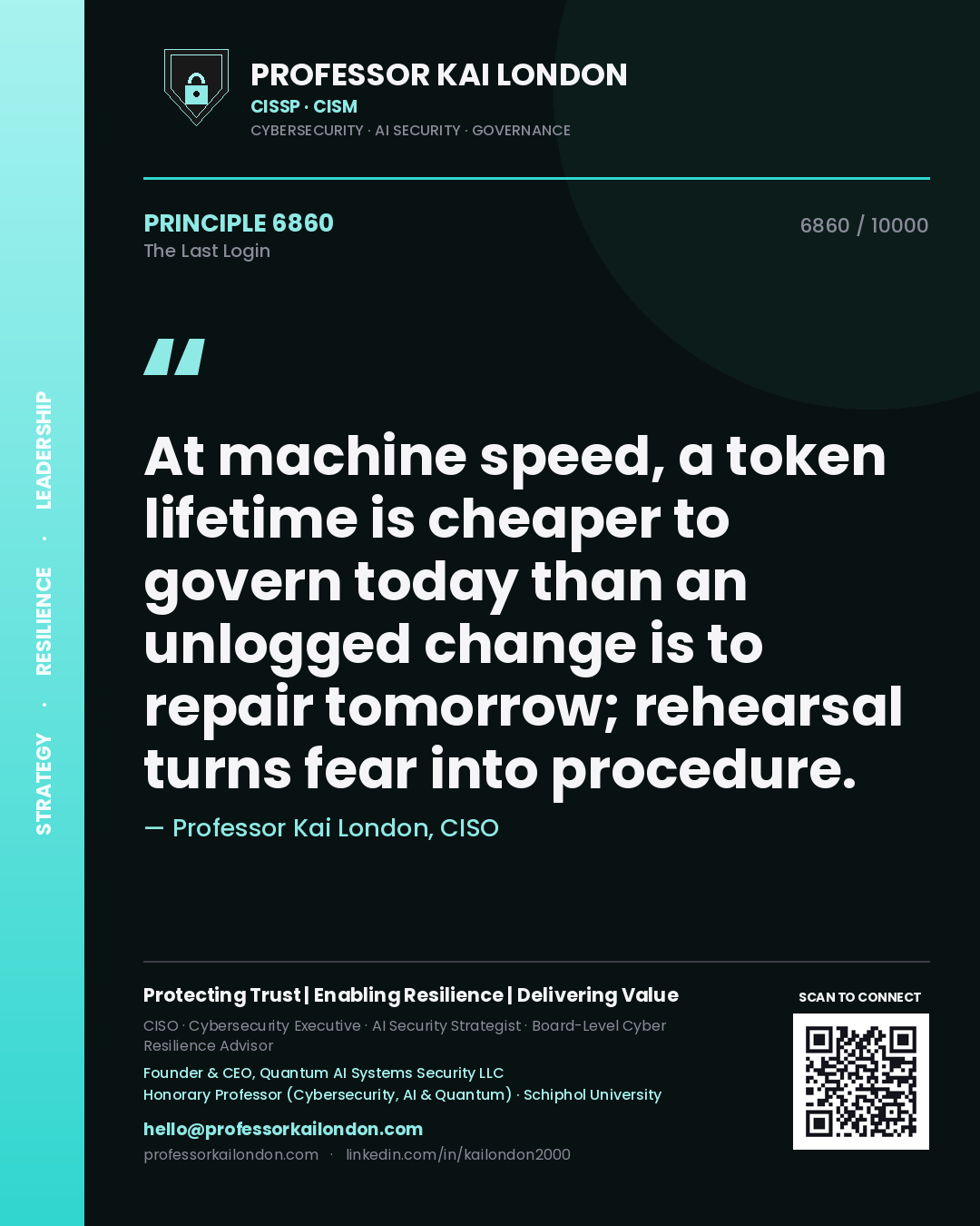 Quote card by Professor Kai London reading 'At machine speed, a token lifetime is cheaper to govern today than an unlogged change is to repair tomorrow; rehearsal turns fear into procedure.'. From the book The Last Login.