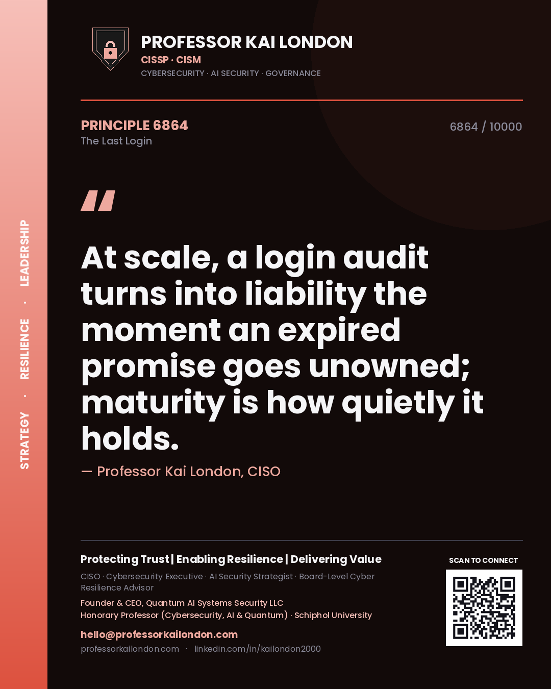 Quote card by Professor Kai London reading 'At scale, a login audit turns into liability the moment an expired promise goes unowned; maturity is how quietly it holds.'. From the book The Last Login.