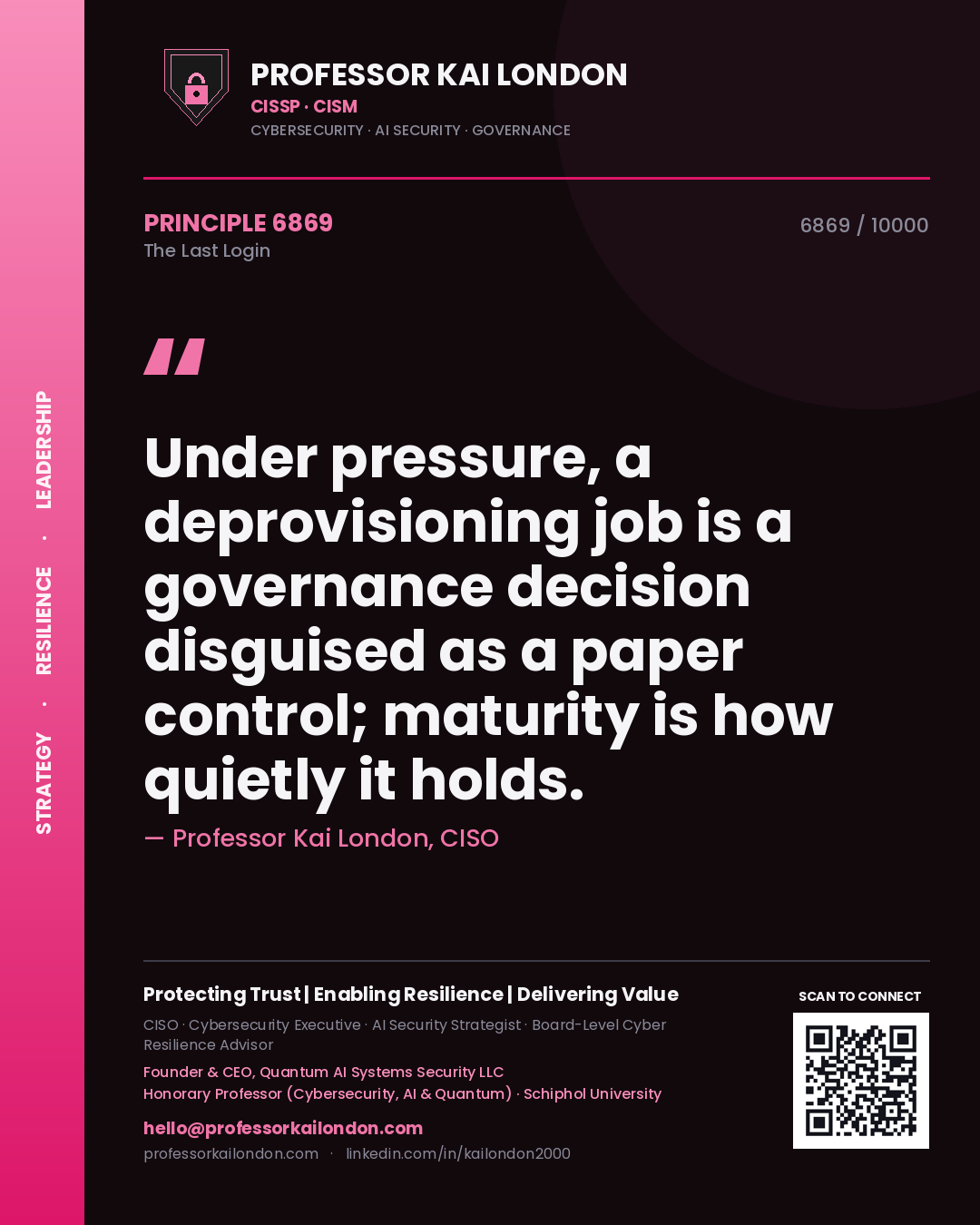 Quote card by Professor Kai London reading 'Under pressure, a deprovisioning job is a governance decision disguised as a paper control; maturity is how quietly it holds.'. From the book The Last Login.