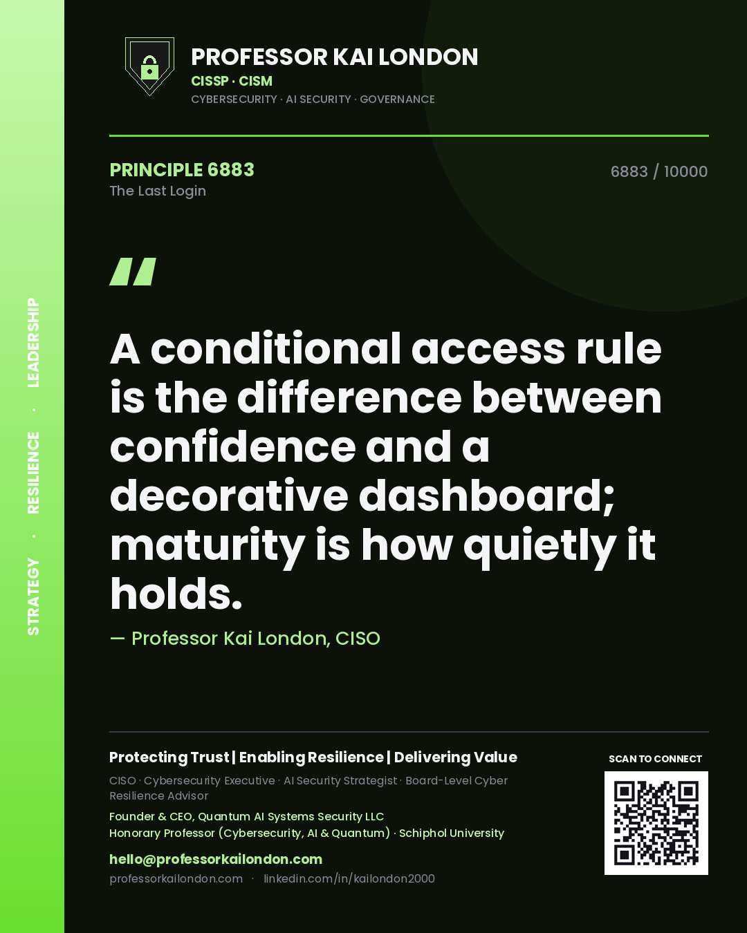Quote card by Professor Kai London reading 'A conditional access rule is the difference between confidence and a decorative dashboard; maturity is how quietly it holds.'. From the book The Last Login.