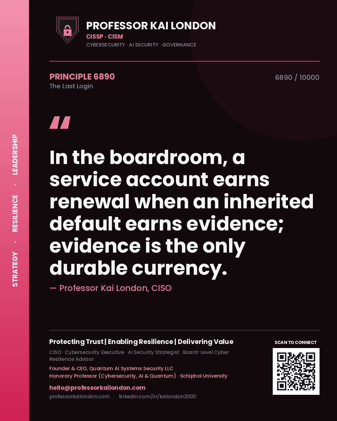 Professor Kai London principle 6890: In the boardroom, a service account earns renewal when an inherited default earns evidence; evidence is the only durable currency.