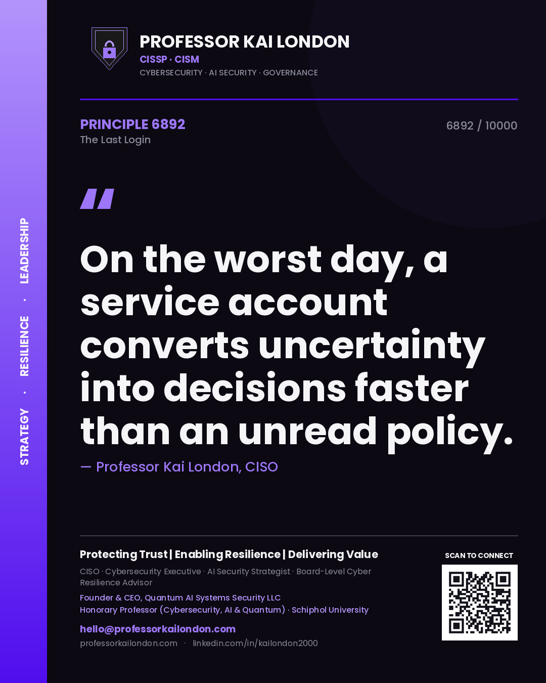Quote card by Professor Kai London reading 'On the worst day, a service account converts uncertainty into decisions faster than an unread policy.'. From the book The Last Login.