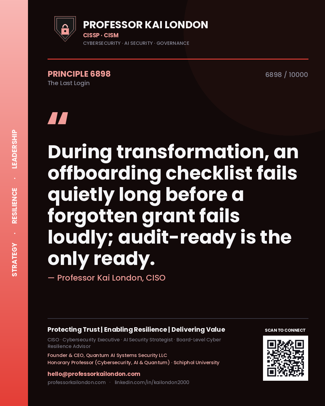 Quote card by Professor Kai London reading 'During transformation, an offboarding checklist fails quietly long before a forgotten grant fails loudly; audit-ready is the only ready.'. From the book The Last Login.