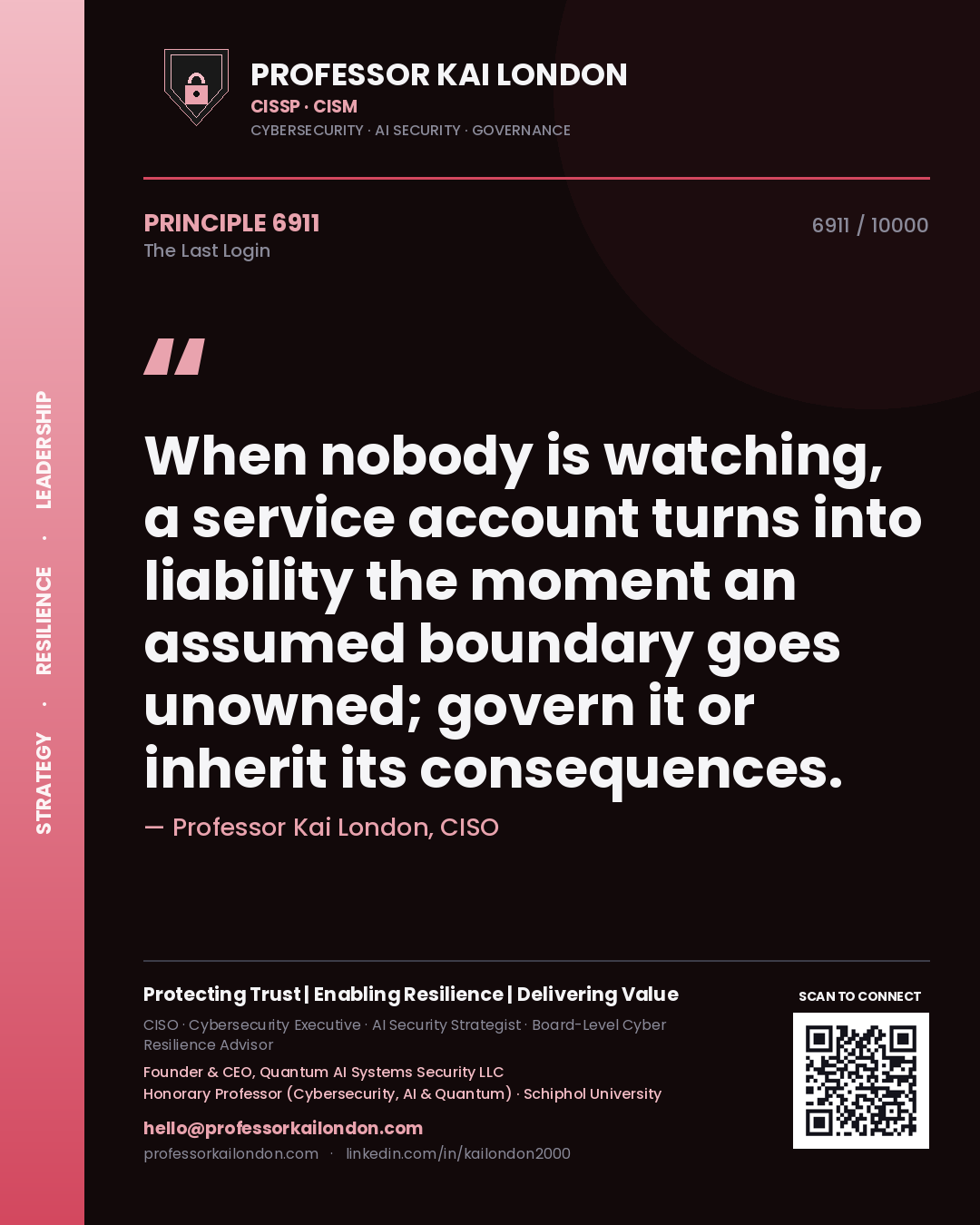 Quote card by Professor Kai London reading 'When nobody is watching, a service account turns into liability the moment an assumed boundary goes unowned; govern it or inherit its consequences.'. From the book The Last Login.