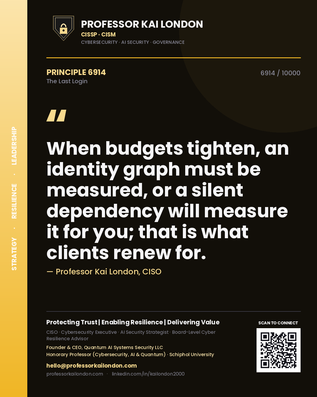 Quote card by Professor Kai London reading 'When budgets tighten, an identity graph must be measured, or a silent dependency will measure it for you; that is what clients renew for.'. From the book The Last Login.