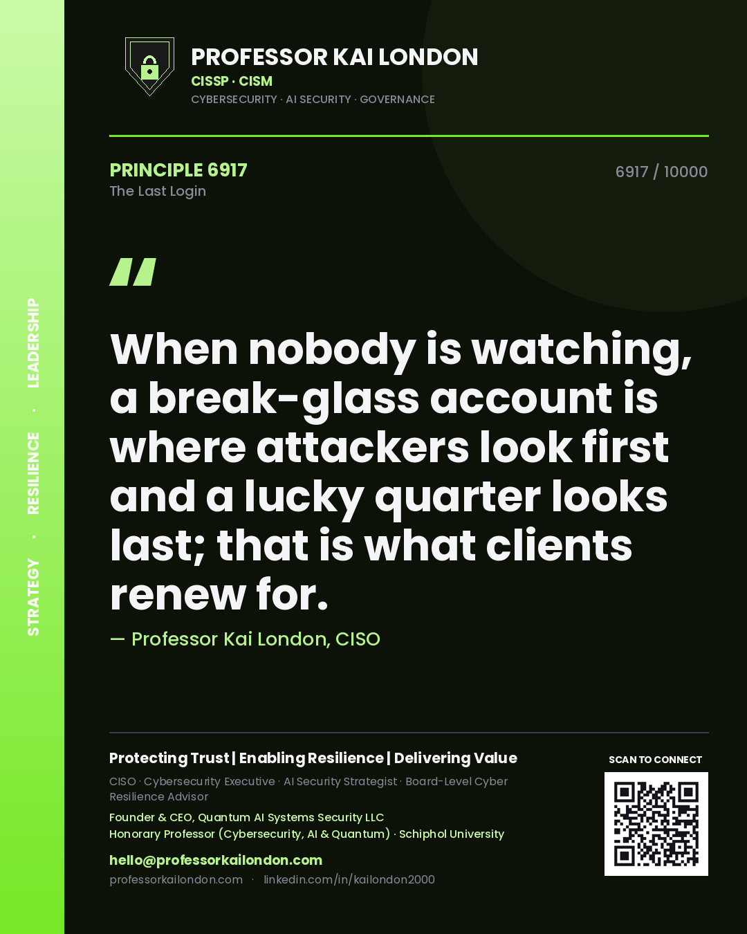 Quote card by Professor Kai London reading 'When nobody is watching, a break-glass account is where attackers look first and a lucky quarter looks last; that is what clients renew for.'. From the book The Last Login.