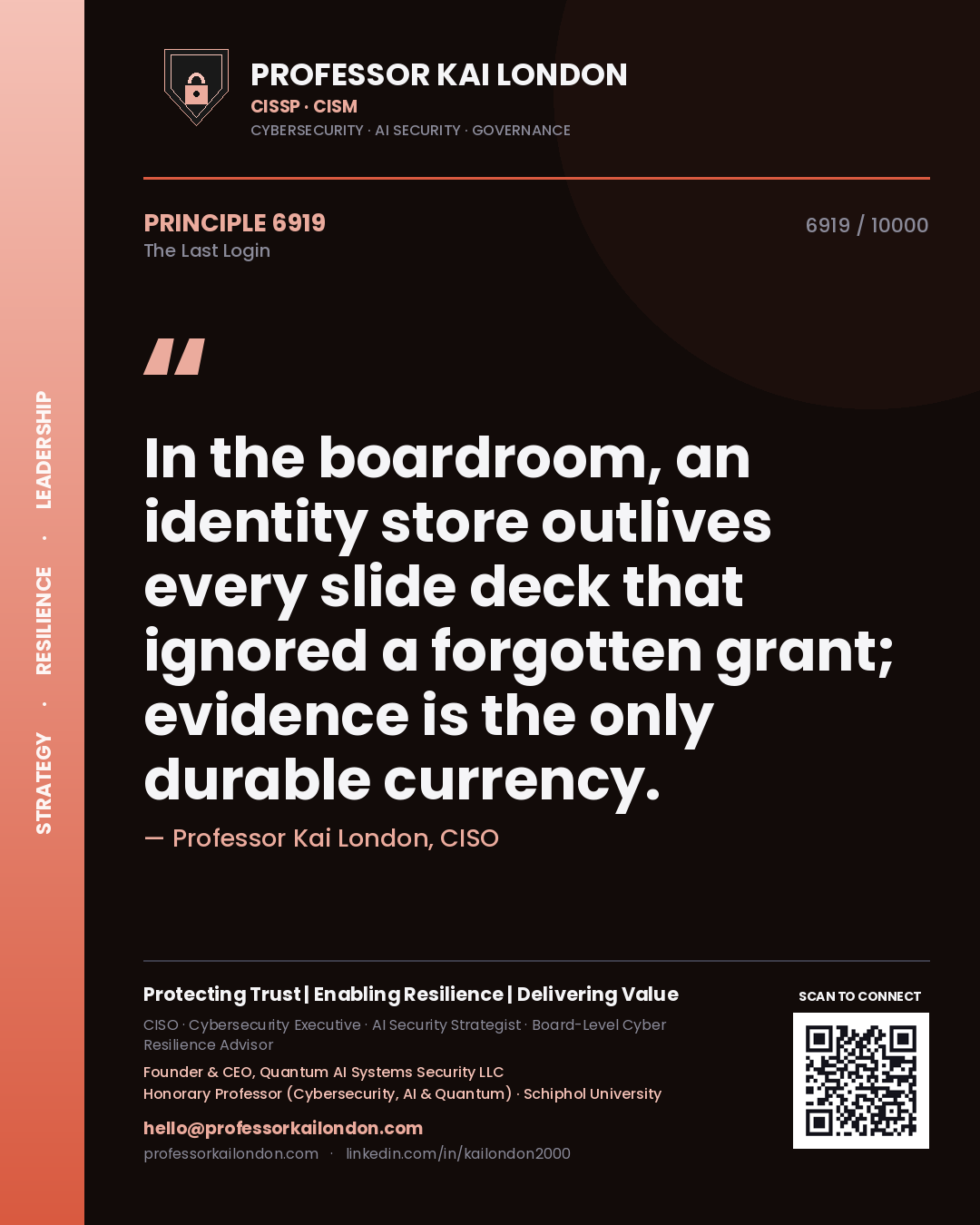 Quote card by Professor Kai London reading 'In the boardroom, an identity store outlives every slide deck that ignored a forgotten grant; evidence is the only durable currency.'. From the book The Last Login.