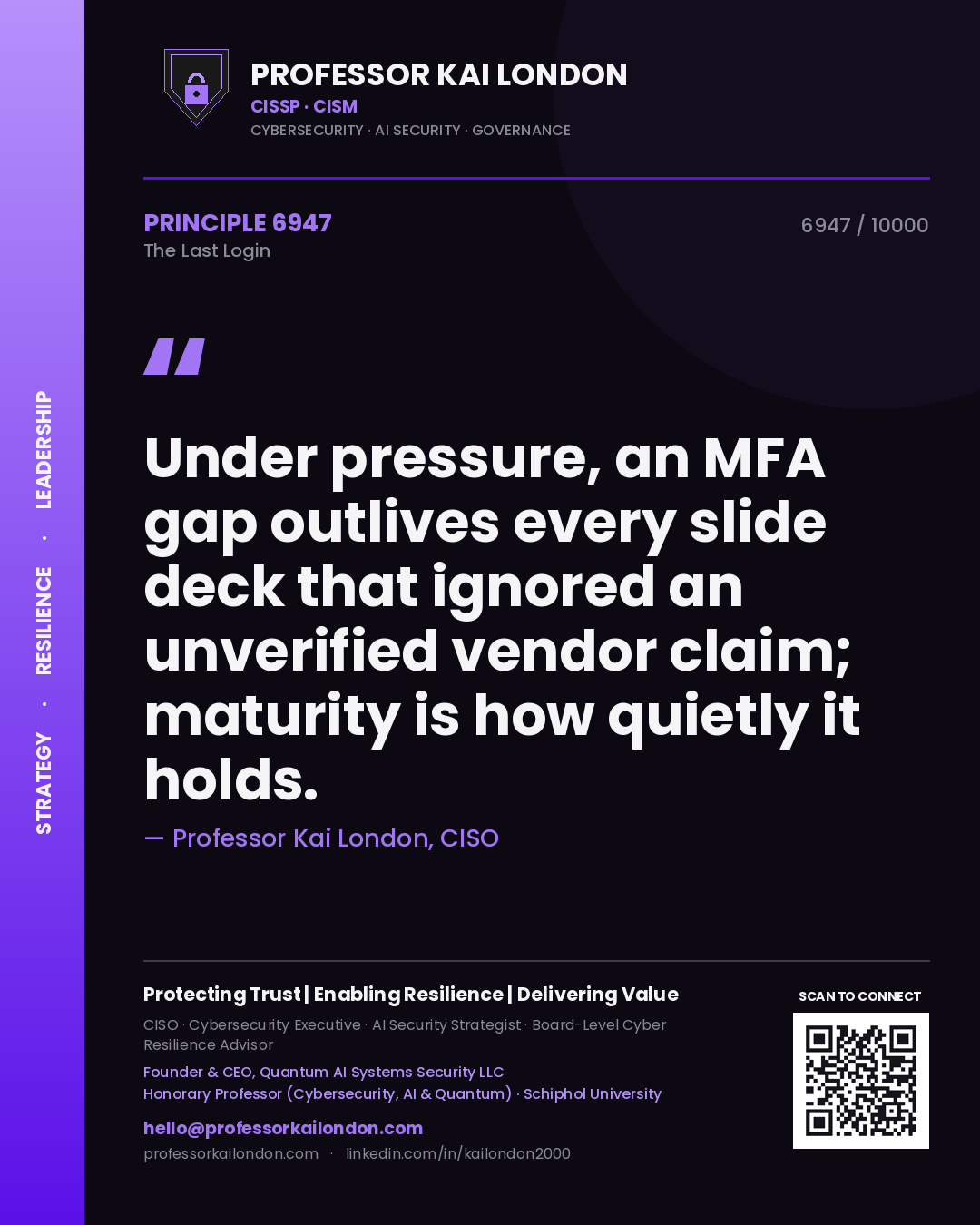 Quote card by Professor Kai London reading 'Under pressure, an MFA gap outlives every slide deck that ignored an unverified vendor claim; maturity is how quietly it holds.'. From the book The Last Login.