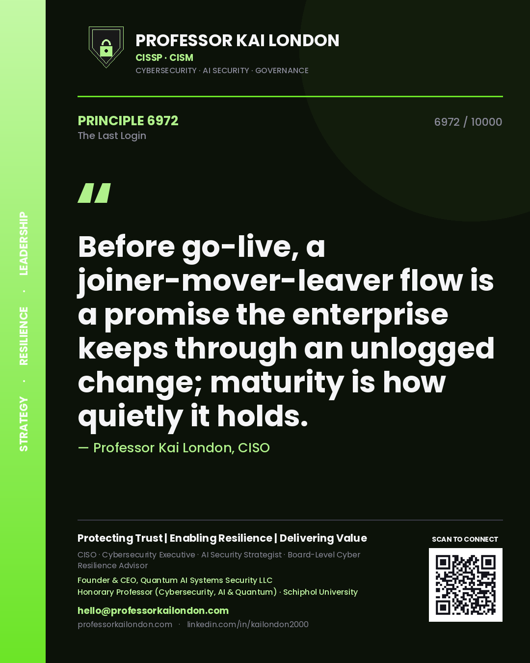 Quote card by Professor Kai London reading 'Before go-live, a joiner-mover-leaver flow is a promise the enterprise keeps through an unlogged change; maturity is how quietly it holds.'. From the book The Last Login.
