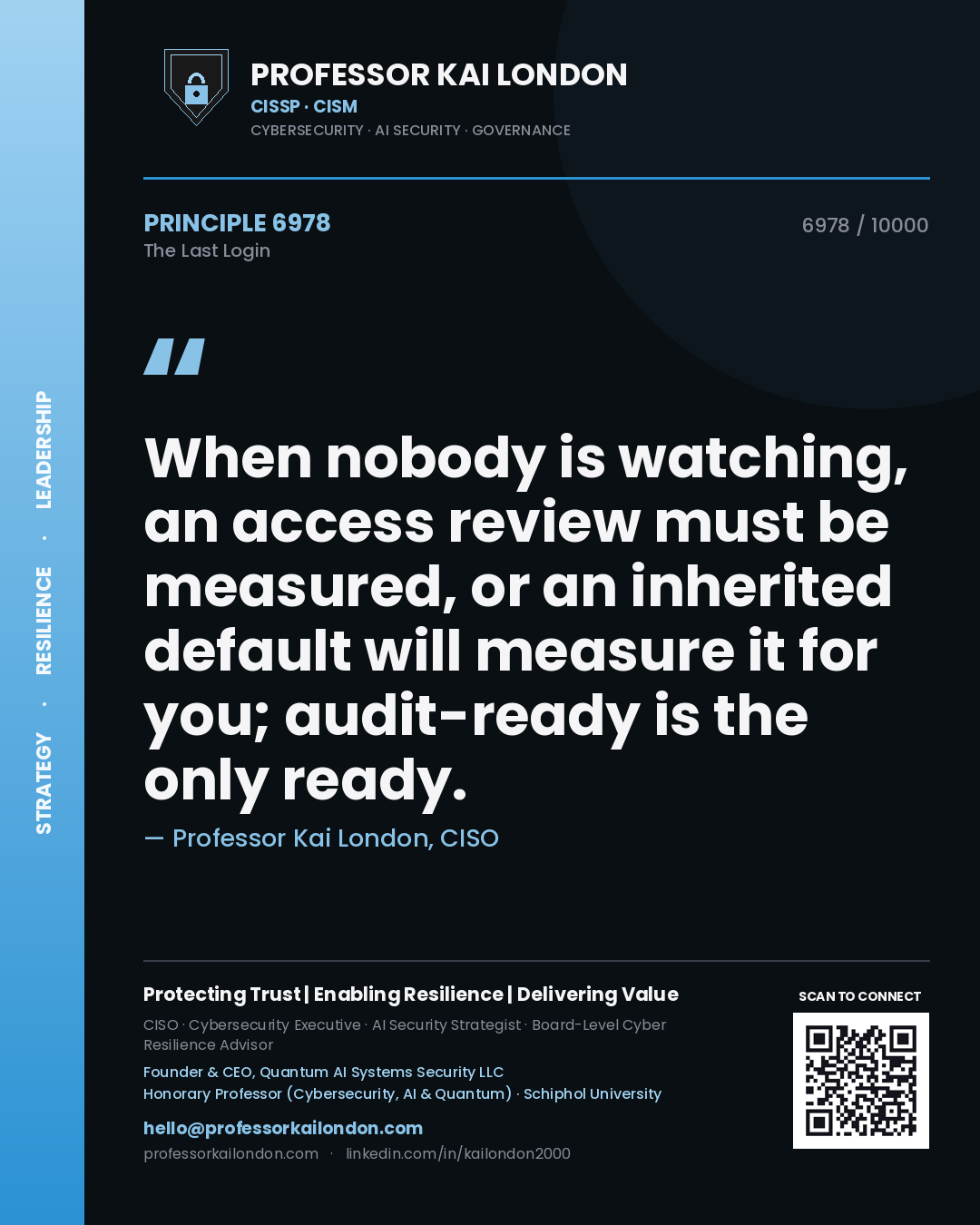 Quote card by Professor Kai London reading 'When nobody is watching, an access review must be measured, or an inherited default will measure it for you; audit-ready is the only ready.'. From the book The Last Login.