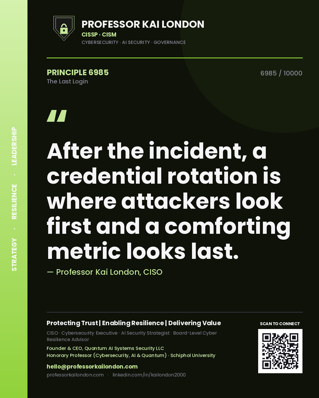 Quote card by Professor Kai London reading 'After the incident, a credential rotation is where attackers look first and a comforting metric looks last.'. From the book The Last Login.