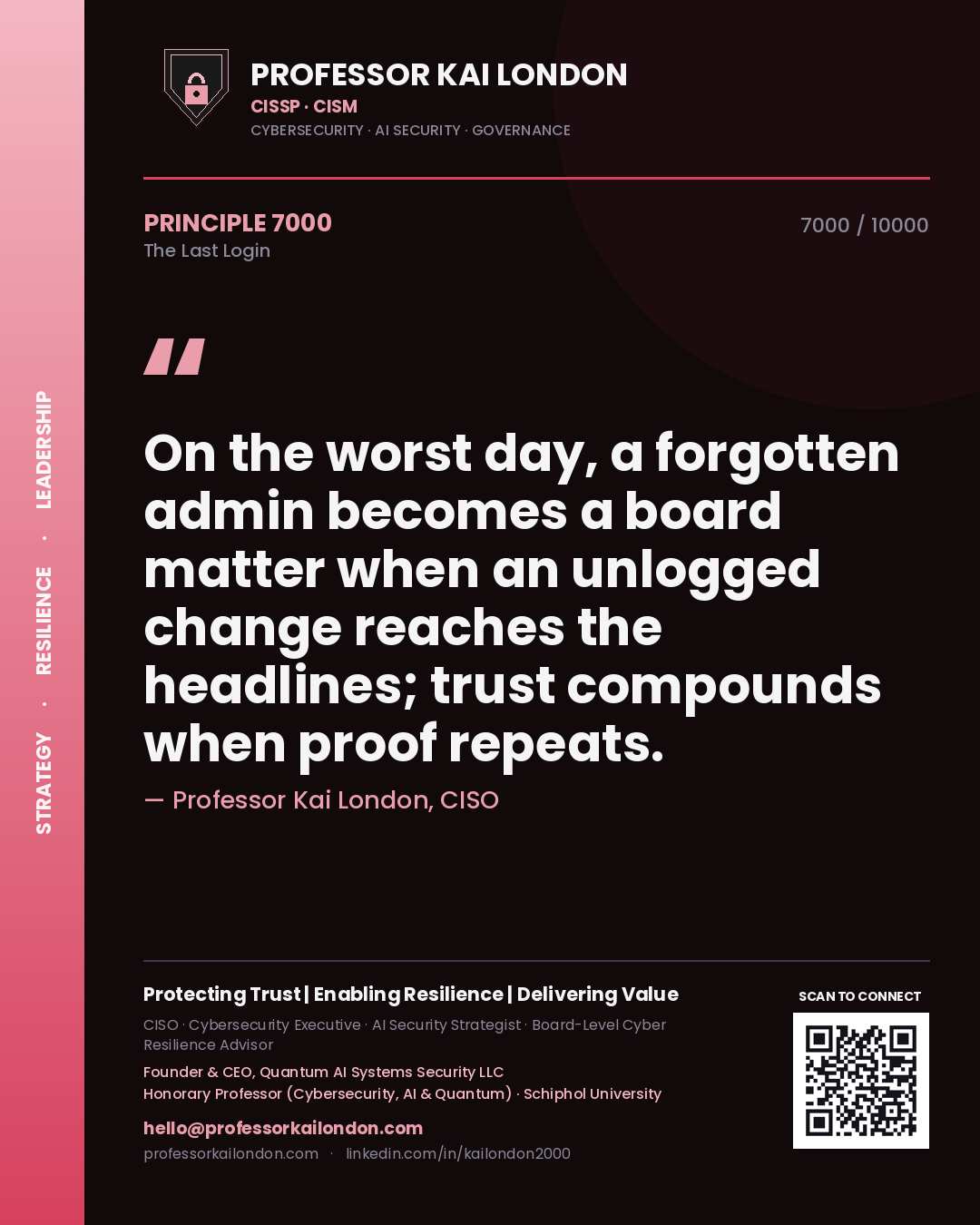 Quote card by Professor Kai London reading 'On the worst day, a forgotten admin becomes a board matter when an unlogged change reaches the headlines; trust compounds when proof repeats.'. From the book The Last Login.