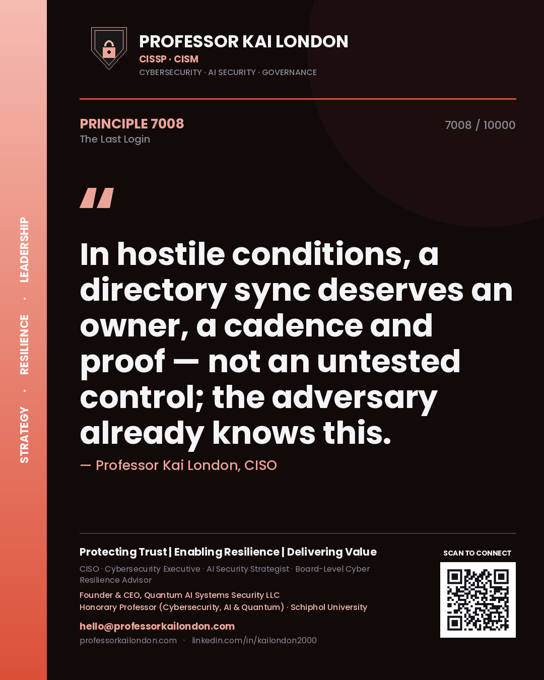 Professor Kai London principle 7008: In hostile conditions, a directory sync deserves an owner, a cadence and proof — not an untested control; the adversary already knows this.