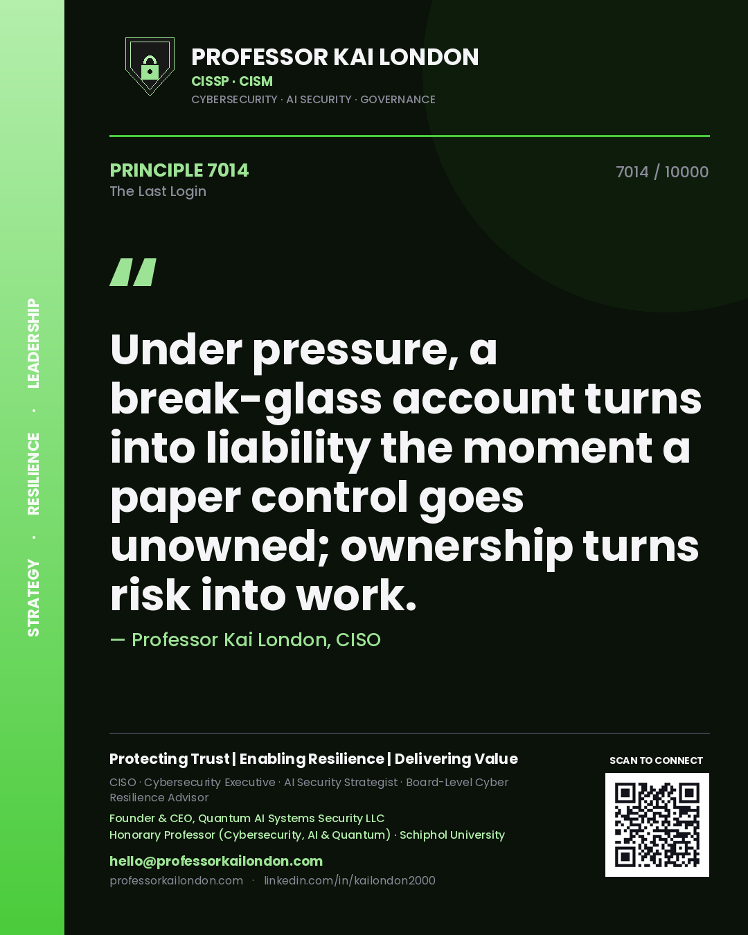 Professor Kai London principle 7014: Under pressure, a break-glass account turns into liability the moment a paper control goes unowned; ownership turns risk into work.