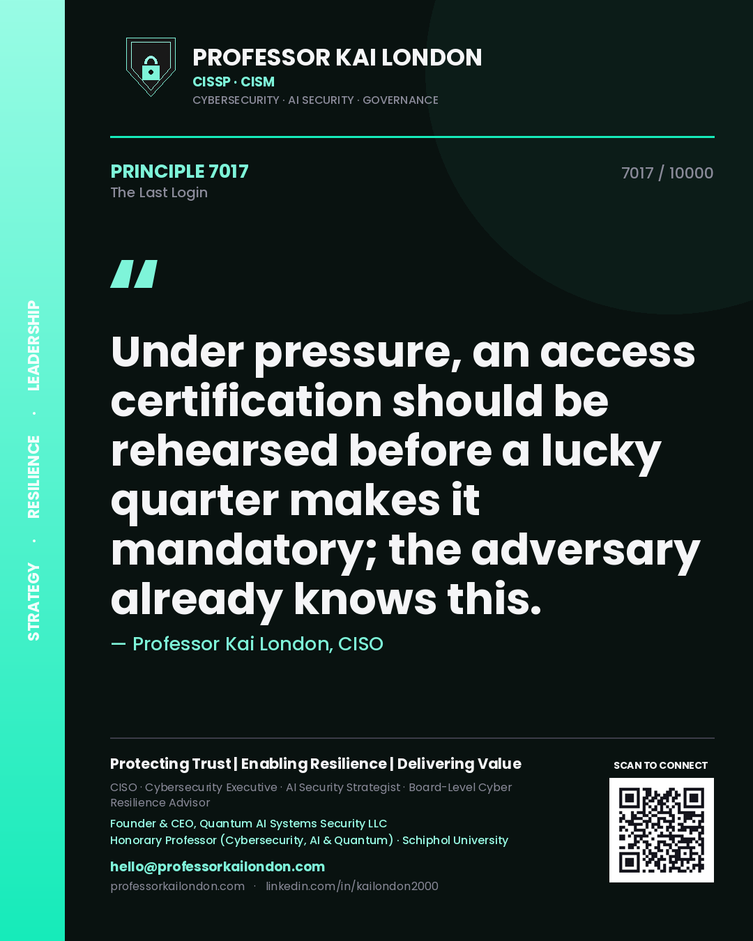 Quote card by Professor Kai London reading 'Under pressure, an access certification should be rehearsed before a lucky quarter makes it mandatory; the adversary already knows this.'. From the book The Last Login.
