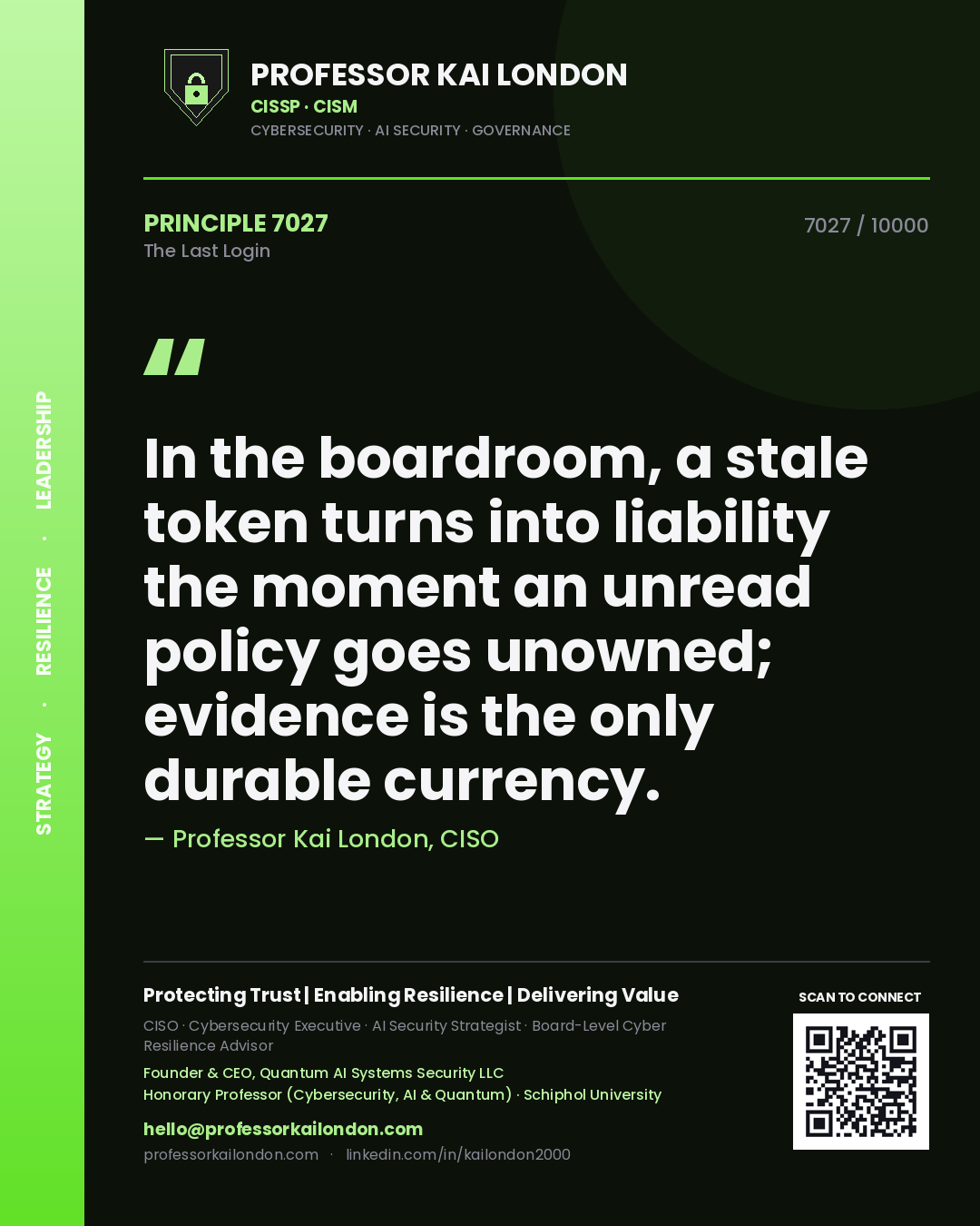 Professor Kai London principle 7027: In the boardroom, a stale token turns into liability the moment an unread policy goes unowned; evidence is the only durable currency.