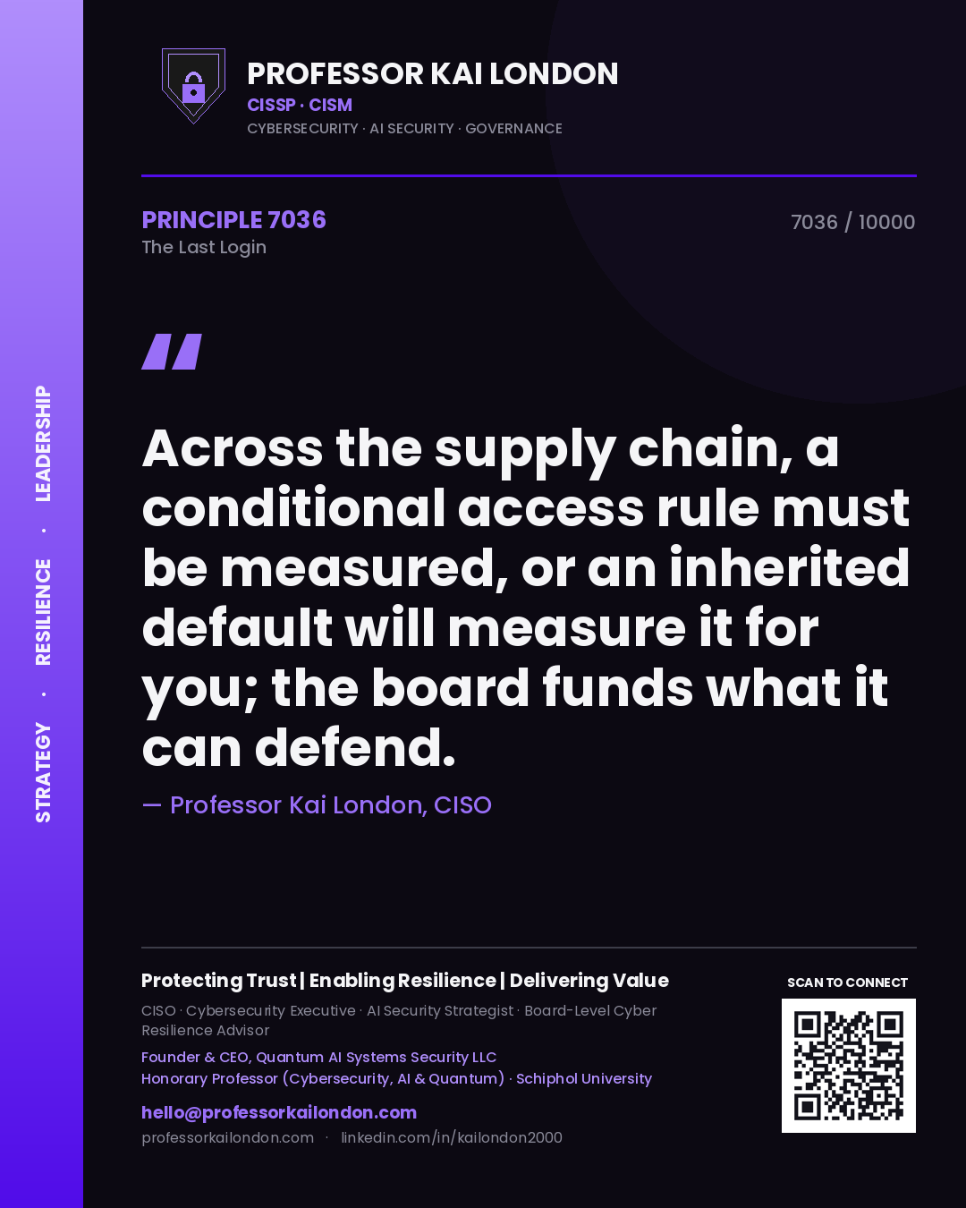 Quote card by Professor Kai London reading 'Across the supply chain, a conditional access rule must be measured, or an inherited default will measure it for you; the board funds what it can defend.'. From the book The Last Login.