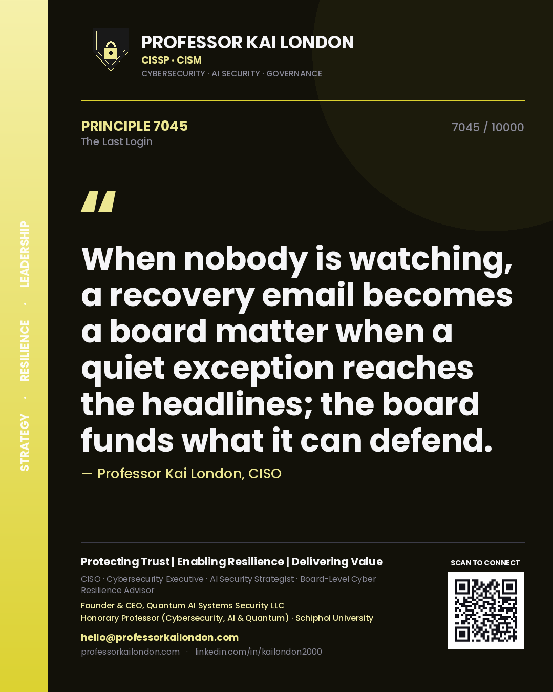 Professor Kai London principle 7045: When nobody is watching, a recovery email becomes a board matter when a quiet exception reaches the headlines; the board funds what it can defend.