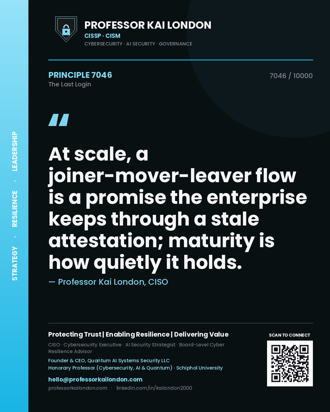 Professor Kai London principle 7046: At scale, a joiner-mover-leaver flow is a promise the enterprise keeps through a stale attestation; maturity is how quietly it holds.