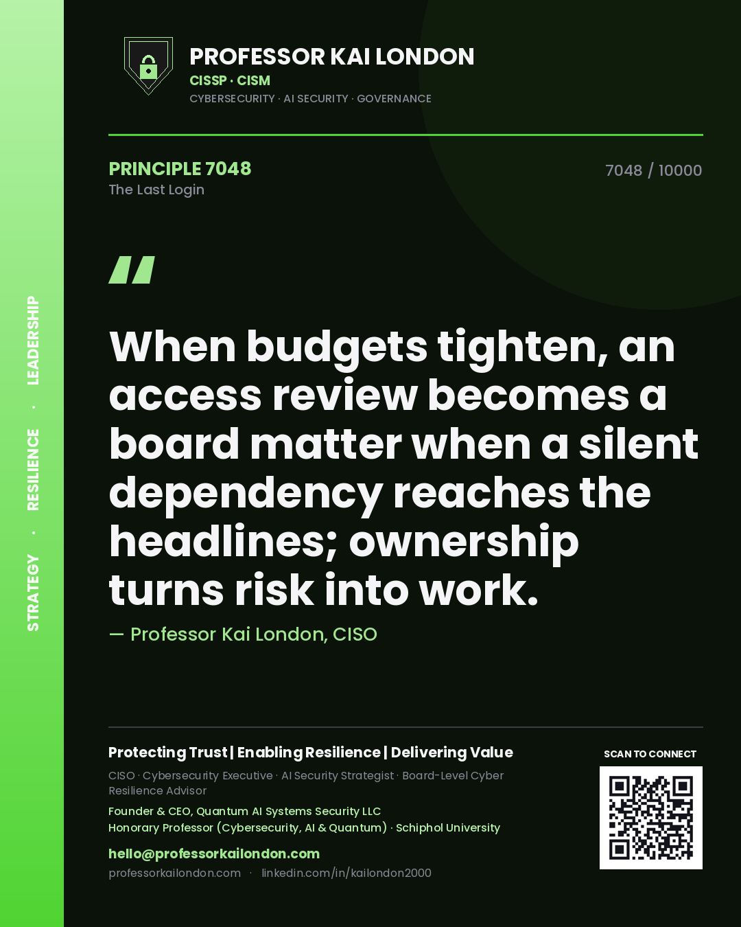 Quote card by Professor Kai London reading 'When budgets tighten, an access review becomes a board matter when a silent dependency reaches the headlines; ownership turns risk into work.'. From the book The Last Login.