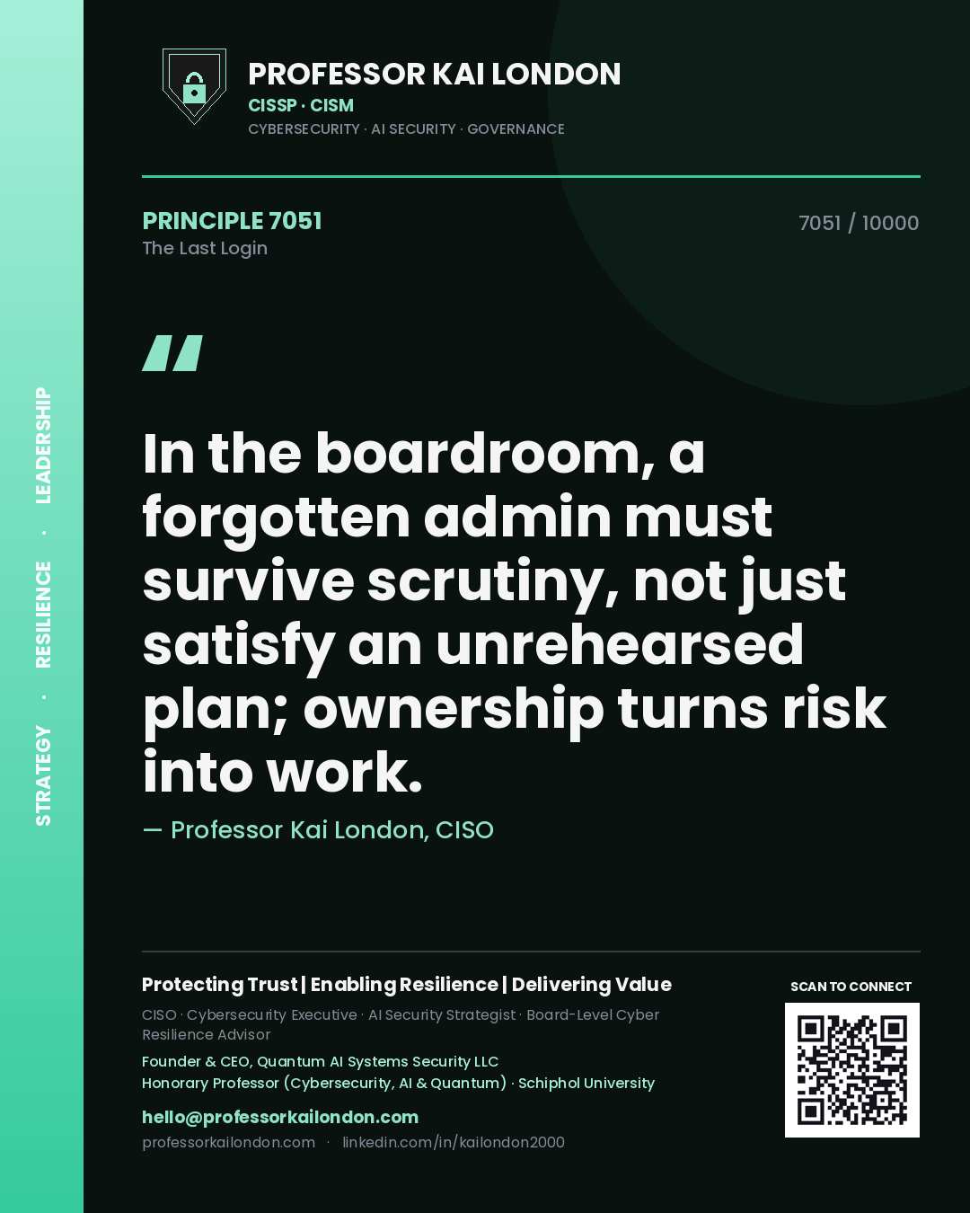 Quote card by Professor Kai London reading 'In the boardroom, a forgotten admin must survive scrutiny, not just satisfy an unrehearsed plan; ownership turns risk into work.'. From the book The Last Login.