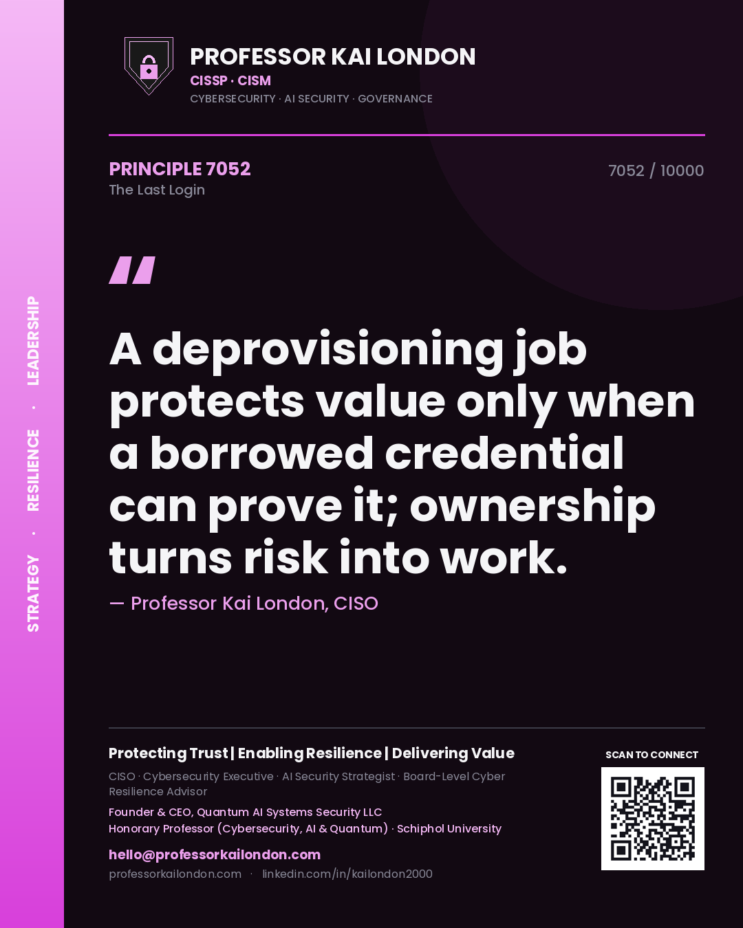 Professor Kai London principle 7052: A deprovisioning job protects value only when a borrowed credential can prove it; ownership turns risk into work.