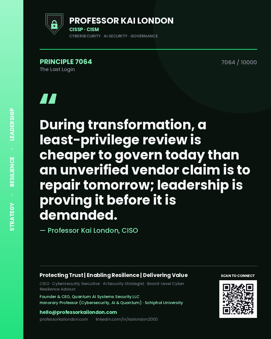 Quote card by Professor Kai London reading 'During transformation, a least-privilege review is cheaper to govern today than an unverified vendor claim is to repair tomorrow; leadership is proving it before it is demanded.'. From the book The Last Login.
