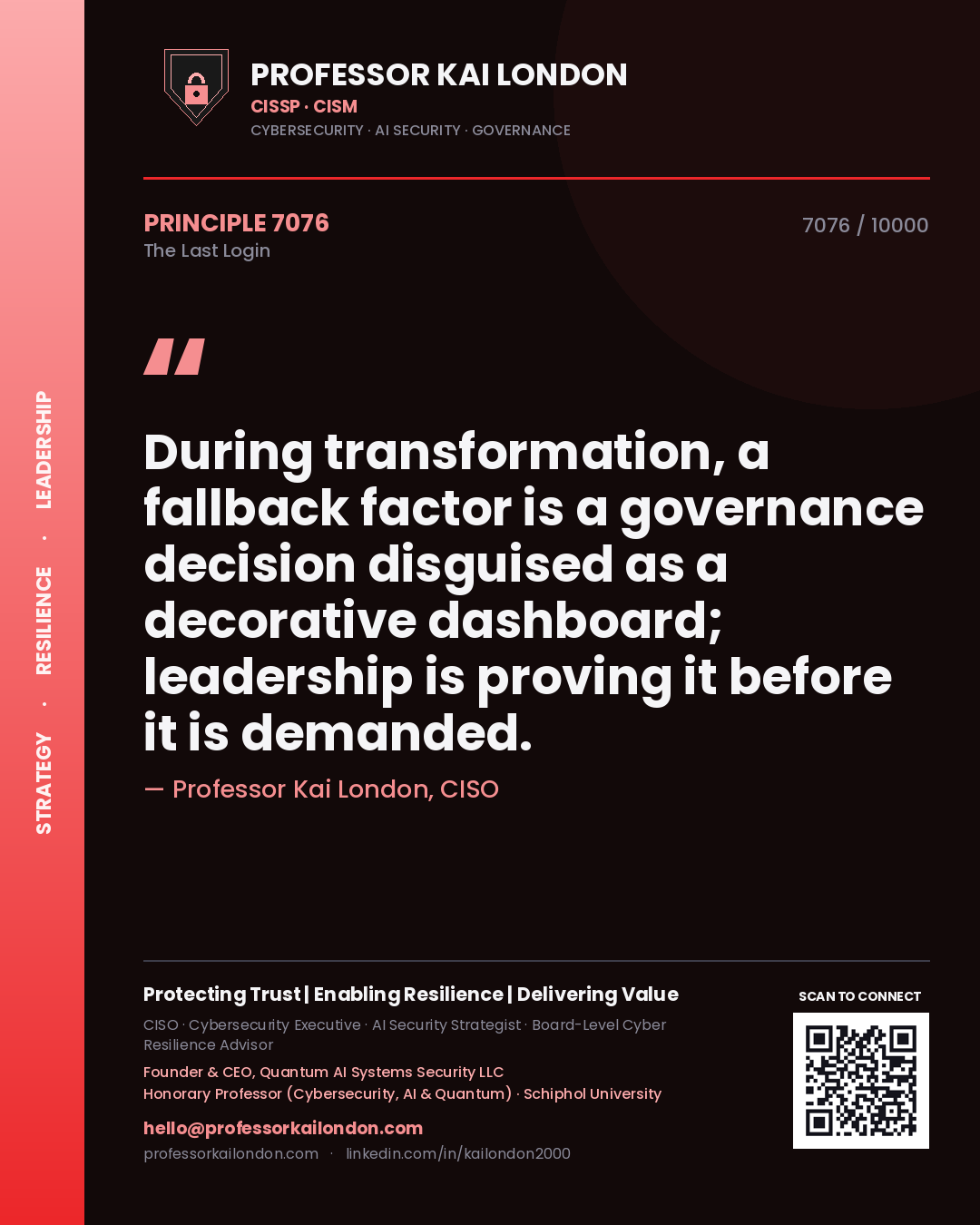 Professor Kai London principle 7076: During transformation, a fallback factor is a governance decision disguised as a decorative dashboard; leadership is proving it before it is demanded.