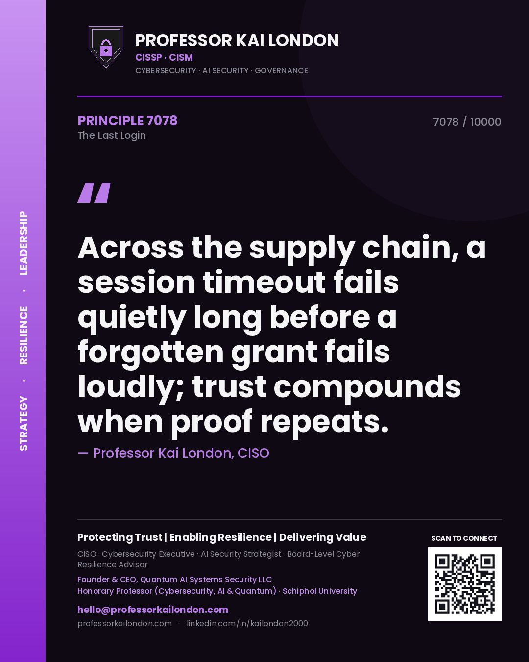 Quote card by Professor Kai London reading 'Across the supply chain, a session timeout fails quietly long before a forgotten grant fails loudly; trust compounds when proof repeats.'. From the book The Last Login.