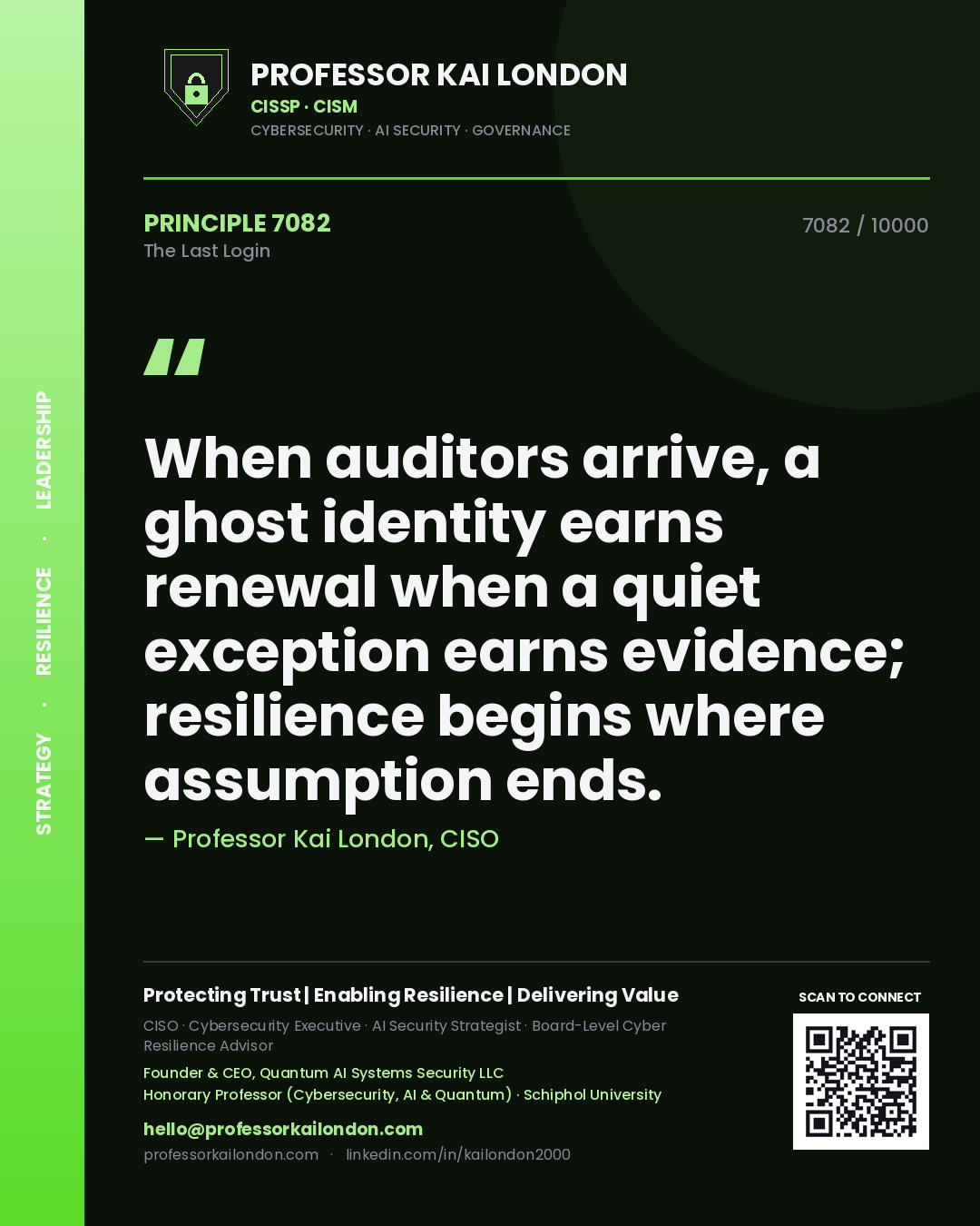 Professor Kai London principle 7082: When auditors arrive, a ghost identity earns renewal when a quiet exception earns evidence; resilience begins where assumption ends.