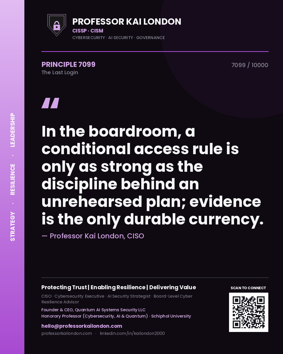 Quote card by Professor Kai London reading 'In the boardroom, a conditional access rule is only as strong as the discipline behind an unrehearsed plan; evidence is the only durable currency.'. From the book The Last Login.
