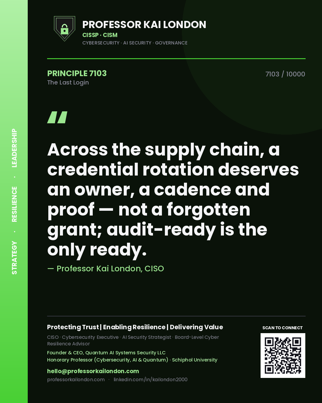 Quote card by Professor Kai London reading 'Across the supply chain, a credential rotation deserves an owner, a cadence and proof — not a forgotten grant; audit-ready is the only ready.'. From the book The Last Login.