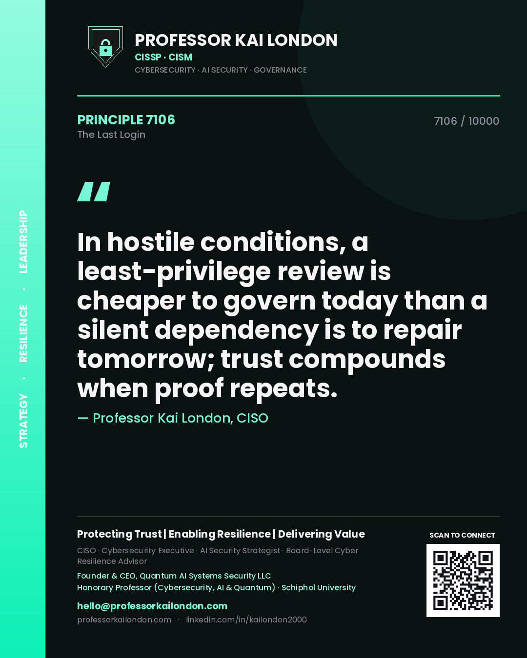 Professor Kai London principle 7106: In hostile conditions, a least-privilege review is cheaper to govern today than a silent dependency is to repair tomorrow; trust compounds when proof repeats.