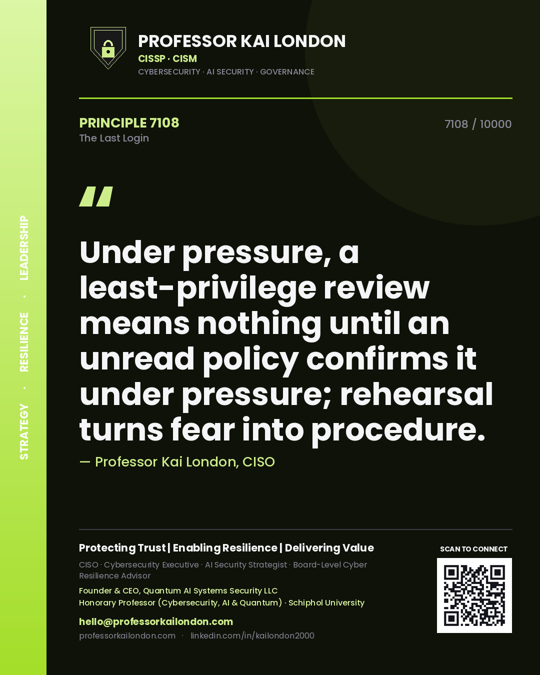 Quote card by Professor Kai London reading 'Under pressure, a least-privilege review means nothing until an unread policy confirms it under pressure; rehearsal turns fear into procedure.'. From the book The Last Login.