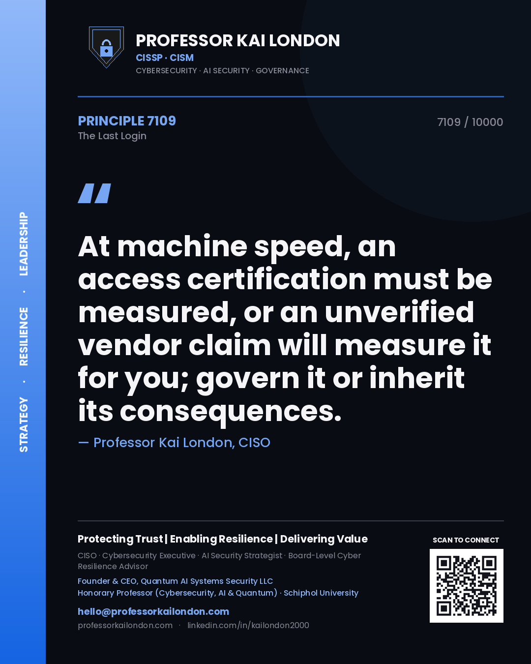 Professor Kai London principle 7109: At machine speed, an access certification must be measured, or an unverified vendor claim will measure it for you; govern it or inherit its consequences.