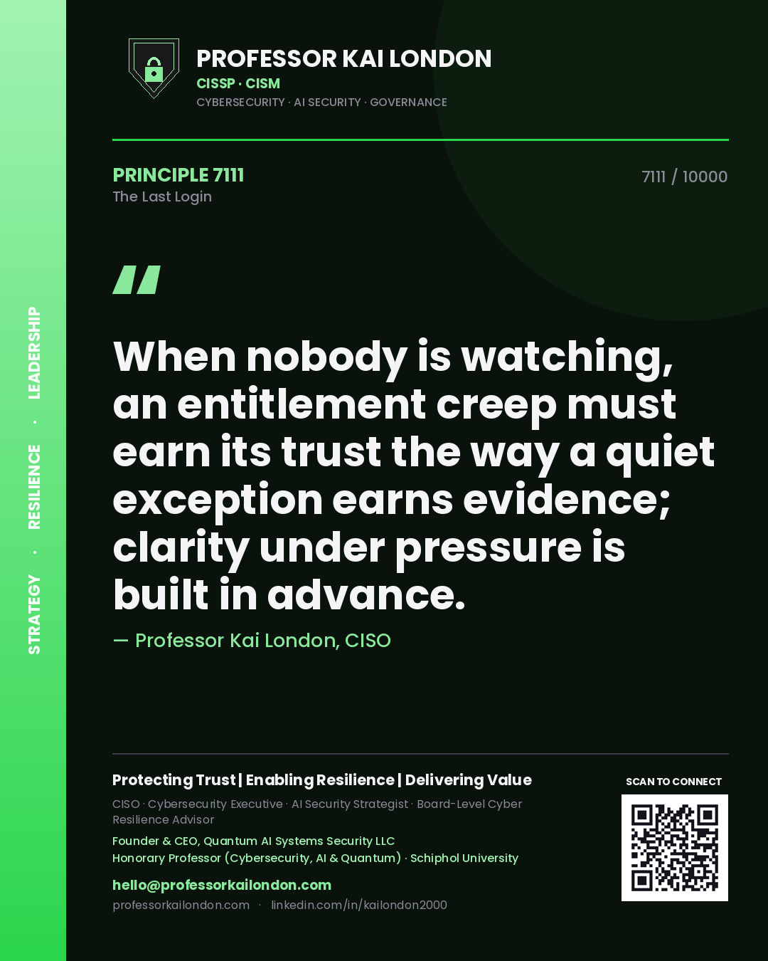 Professor Kai London principle 7111: When nobody is watching, an entitlement creep must earn its trust the way a quiet exception earns evidence; clarity under pressure is built in advance.