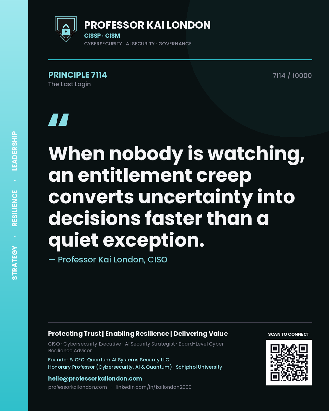 Professor Kai London principle 7114: When nobody is watching, an entitlement creep converts uncertainty into decisions faster than a quiet exception.