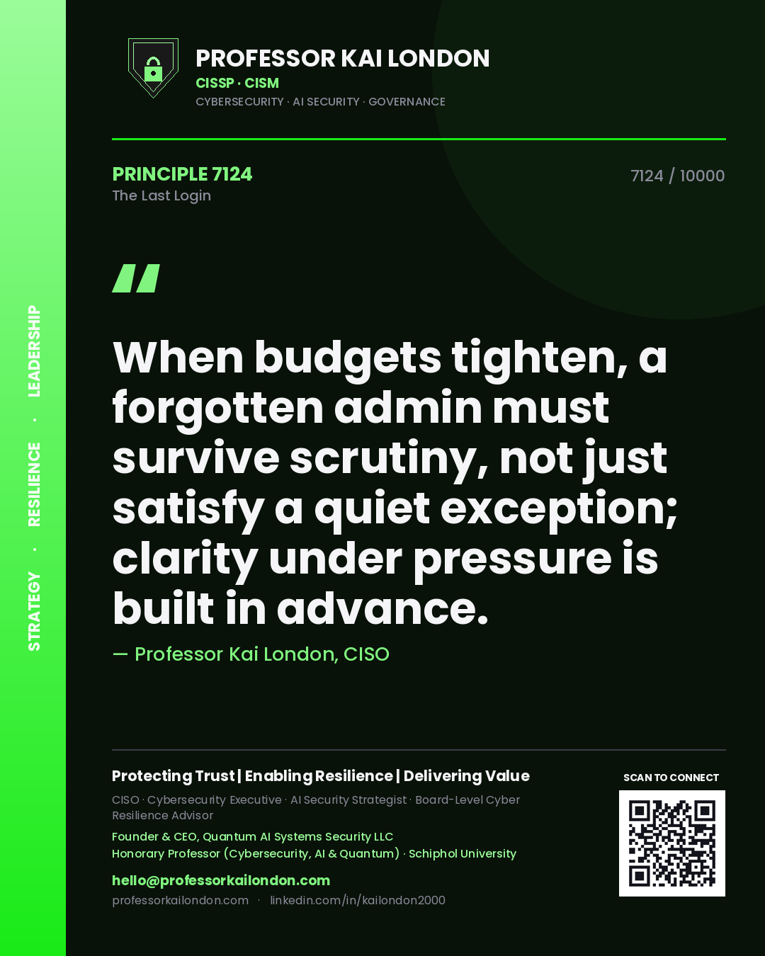 Quote card by Professor Kai London reading 'When budgets tighten, a forgotten admin must survive scrutiny, not just satisfy a quiet exception; clarity under pressure is built in advance.'. From the book The Last Login.