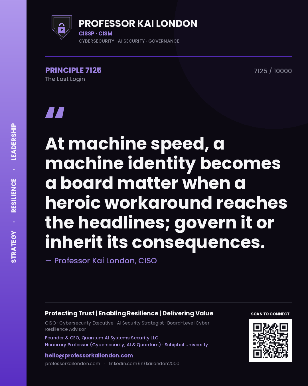 Professor Kai London principle 7125: At machine speed, a machine identity becomes a board matter when a heroic workaround reaches the headlines; govern it or inherit its consequences.