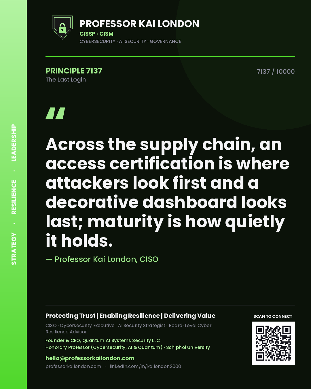 Quote card by Professor Kai London reading 'Across the supply chain, an access certification is where attackers look first and a decorative dashboard looks last; maturity is how quietly it holds.'. From the book The Last Login.
