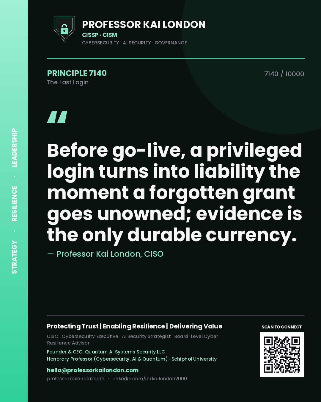 Professor Kai London principle 7140: Before go-live, a privileged login turns into liability the moment a forgotten grant goes unowned; evidence is the only durable currency.