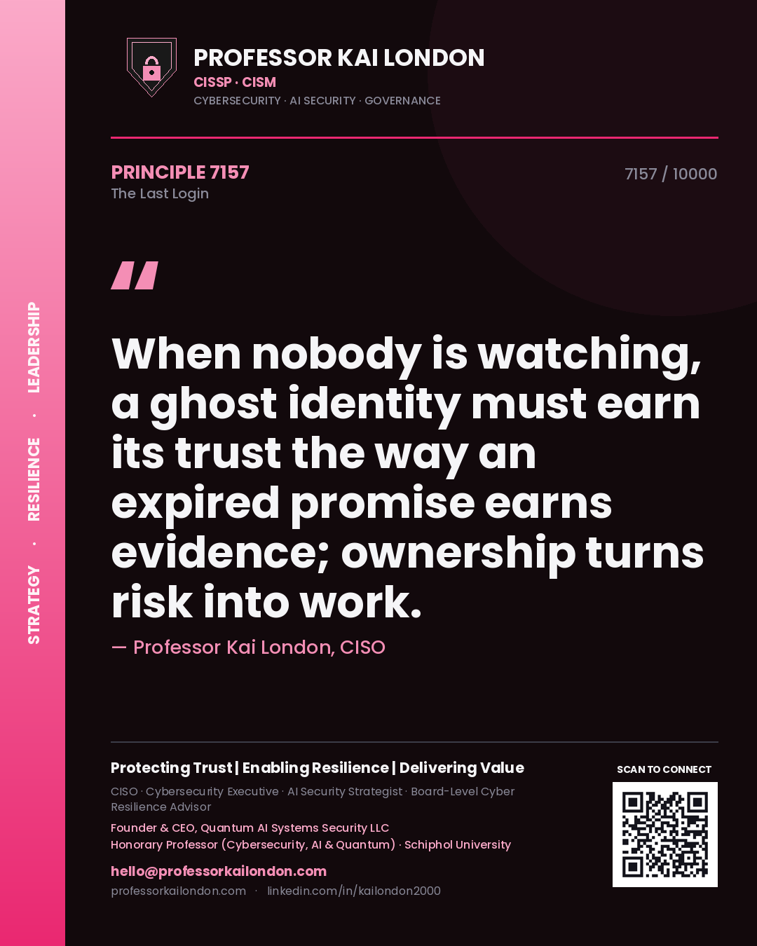 Professor Kai London principle 7157: When nobody is watching, a ghost identity must earn its trust the way an expired promise earns evidence; ownership turns risk into work.