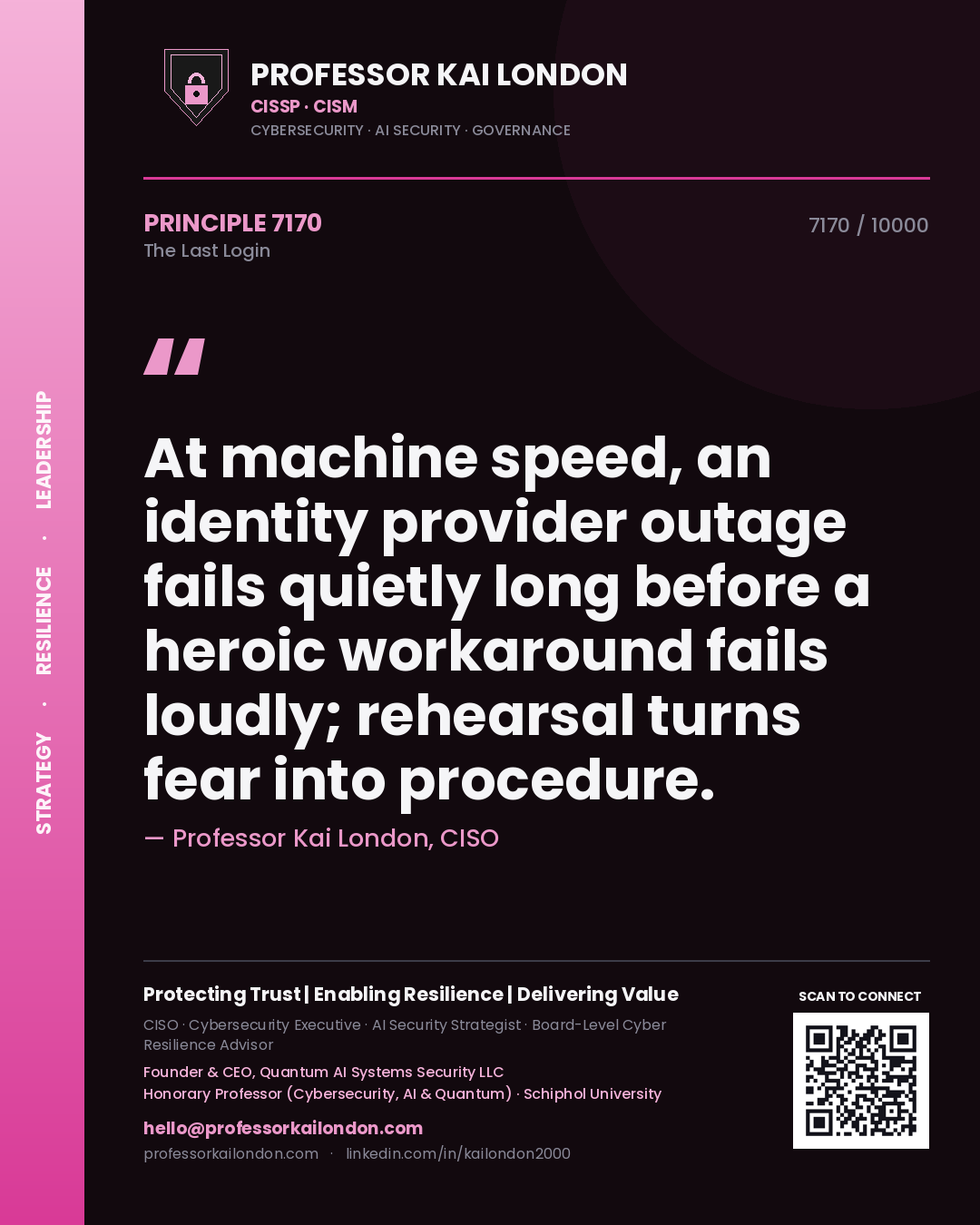 Professor Kai London principle 7170: At machine speed, an identity provider outage fails quietly long before a heroic workaround fails loudly; rehearsal turns fear into procedure.
