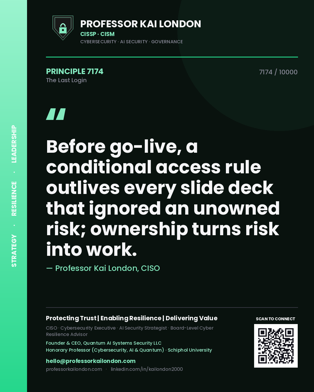 Professor Kai London principle 7174: Before go-live, a conditional access rule outlives every slide deck that ignored an unowned risk; ownership turns risk into work.